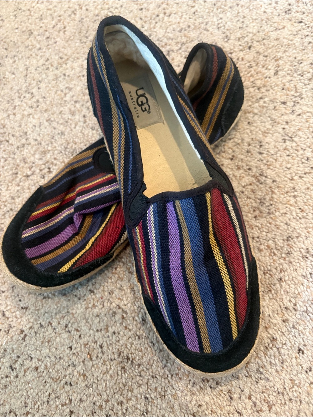 UGG Women's Striped Slip-On Flats in Black, Red, Purple, Blue, Yellow